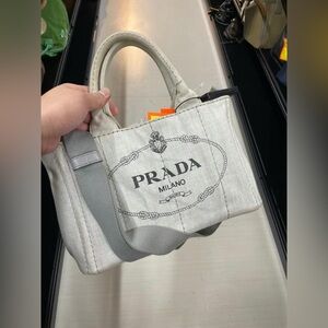 Authentic🤍PRADA Denim Small Canapa Logo Tote.White